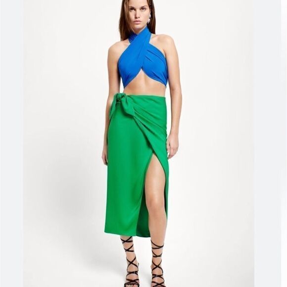 Zara Dresses & Skirts - ZARA WRAP SKIRT SIZE‎ M midi side tied slit Green | 7563/246